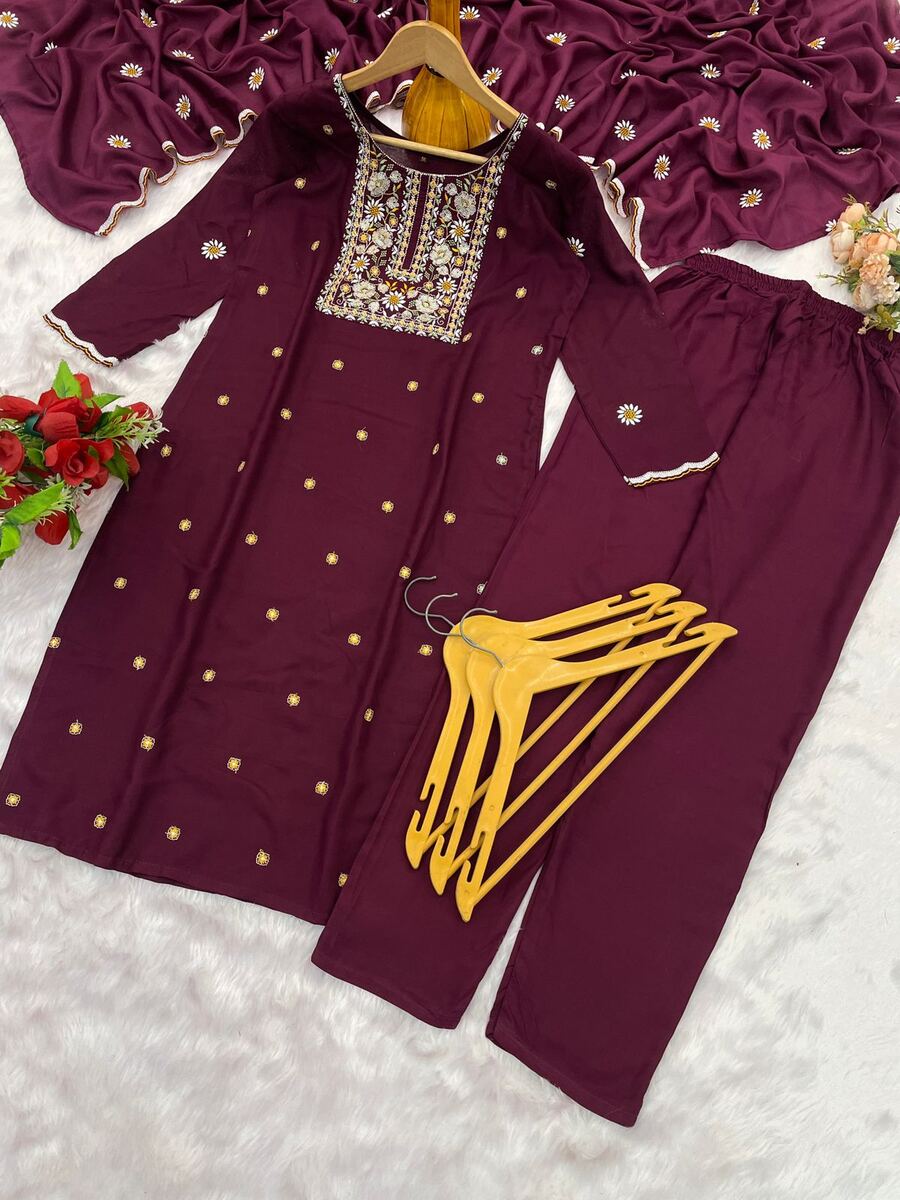 MODERN RAYON EMBROIDERY WORK TOP BOTTOM WITH DUPATTA OFFICE WEAR WHOLESALE PRICE ETHNIC GARMENT (1)