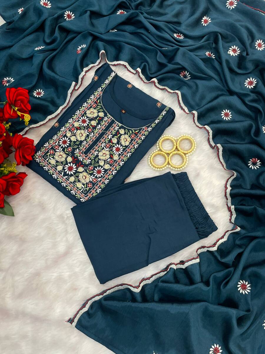 MODERN RAYON EMBROIDERY WORK TOP BOTTOM WITH DUPATTA OFFICE WEAR WHOLESALE PRICE ETHNIC GARMENT (11)
