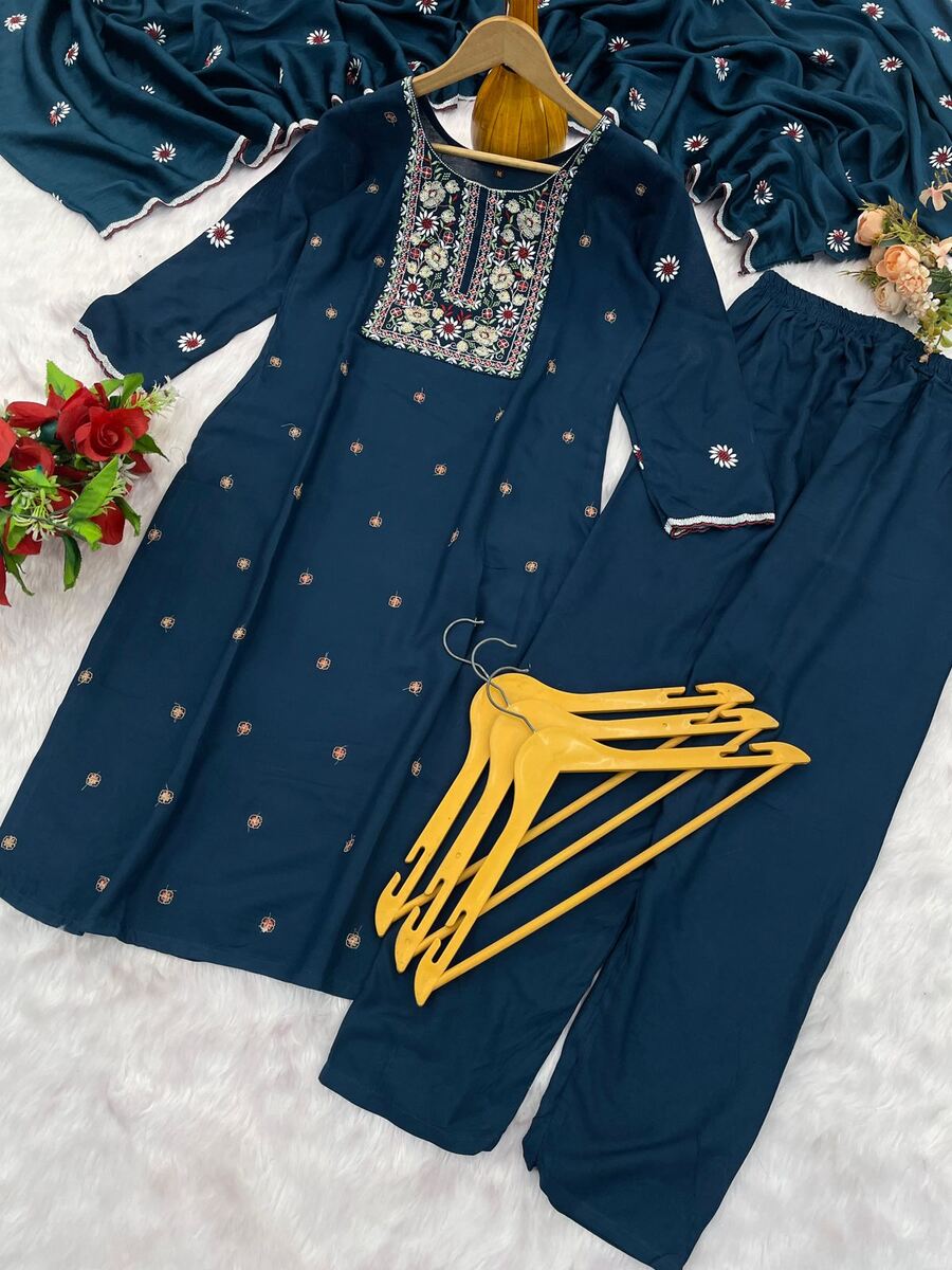 MODERN RAYON EMBROIDERY WORK TOP BOTTOM WITH DUPATTA OFFICE WEAR WHOLESALE PRICE ETHNIC GARMENT (8)