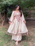 MODERN RAYON THREAD WITH REAL MIRROR AND TASSELS & FANCY LACE WORK KURTI PALAZZO SET OFF WHITE