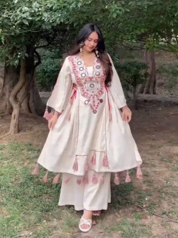 MODERN RAYON THREAD WITH REAL MIRROR AND TASSELS & FANCY LACE WORK KURTI PALAZZO SET OFF WHITE