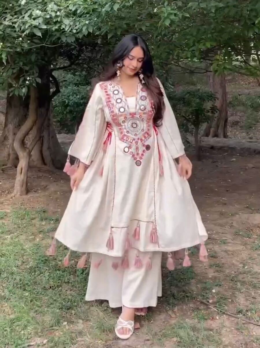 MODERN RAYON THREAD WITH REAL MIRROR AND TASSELS & FANCY LACE WORK KURTI PALAZZO SET PARTY WEAR WHOLESALE PRICE ETHNIC GARMENT (10)