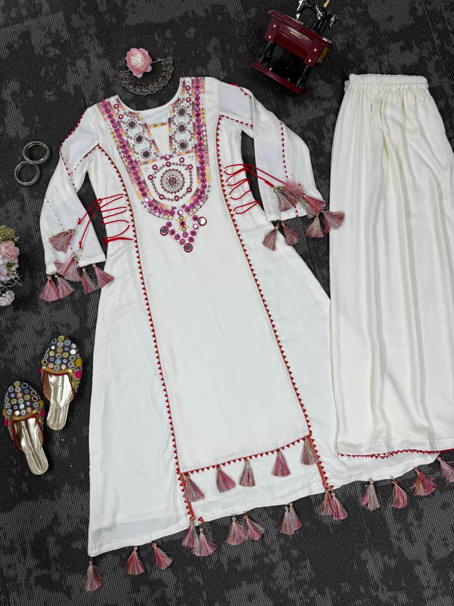 MODERN RAYON THREAD WITH REAL MIRROR AND TASSELS & FANCY LACE WORK KURTI PALAZZO SET PARTY WEAR WHOLESALE PRICE ETHNIC GARMENT (11)