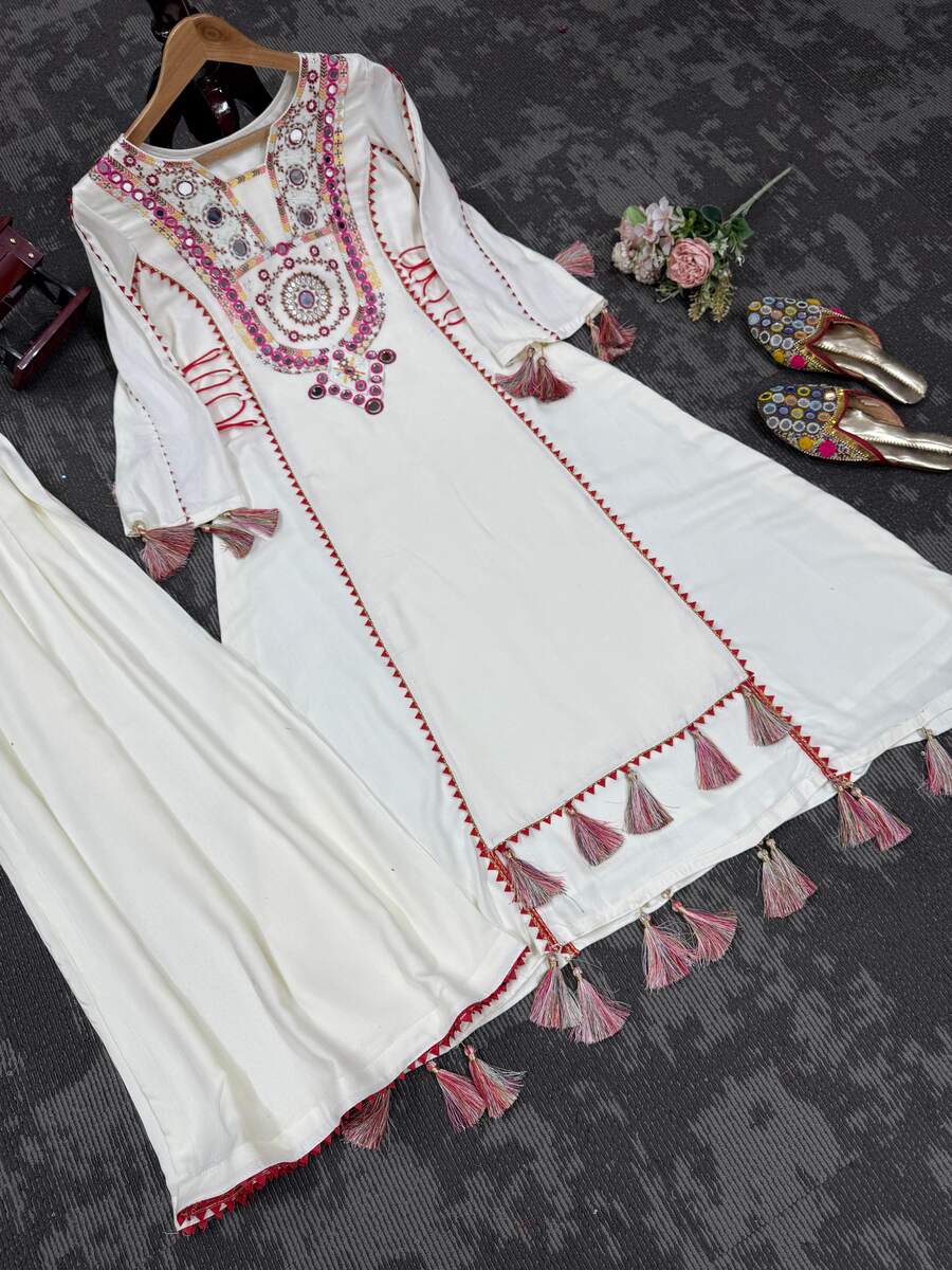 MODERN RAYON THREAD WITH REAL MIRROR AND TASSELS & FANCY LACE WORK KURTI PALAZZO SET PARTY WEAR WHOLESALE PRICE ETHNIC GARMENT (7)