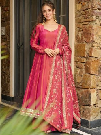 MODERN ROMAN SHIMMER SILK LACE BORDER WORK GOWN PALAZZO WITH EMBROIDERY SEQUENCE WORK DUPATTA RED