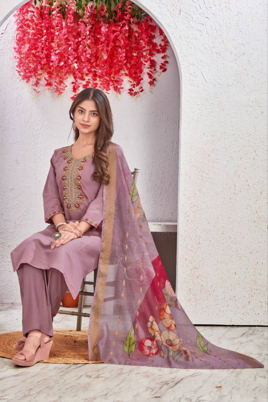 MODERN ROMAN SILK AARI & EMBROIDERY WORK TOP BOTTOM WITH DUPATTA CASUAL WEAR WHOLESALE PRICE ETHNIC GARMENT (2)