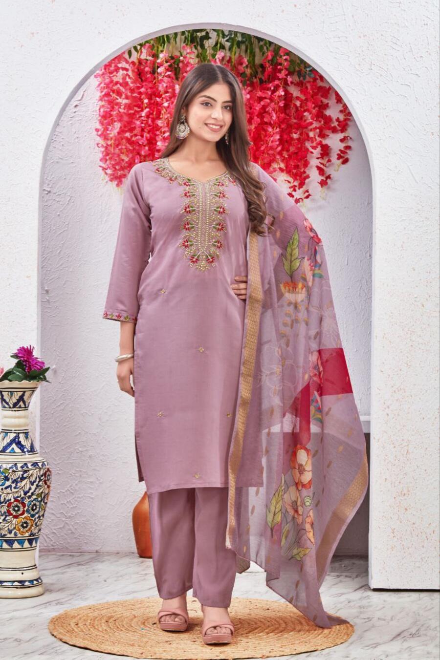 MODERN ROMAN SILK AARI & EMBROIDERY WORK TOP BOTTOM WITH DUPATTA CASUAL WEAR WHOLESALE PRICE ETHNIC GARMENT (5)