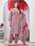 MODERN ROMAN SILK AARI & EMBROIDERY WORK TOP BOTTOM WITH DUPATTA LAVENDER