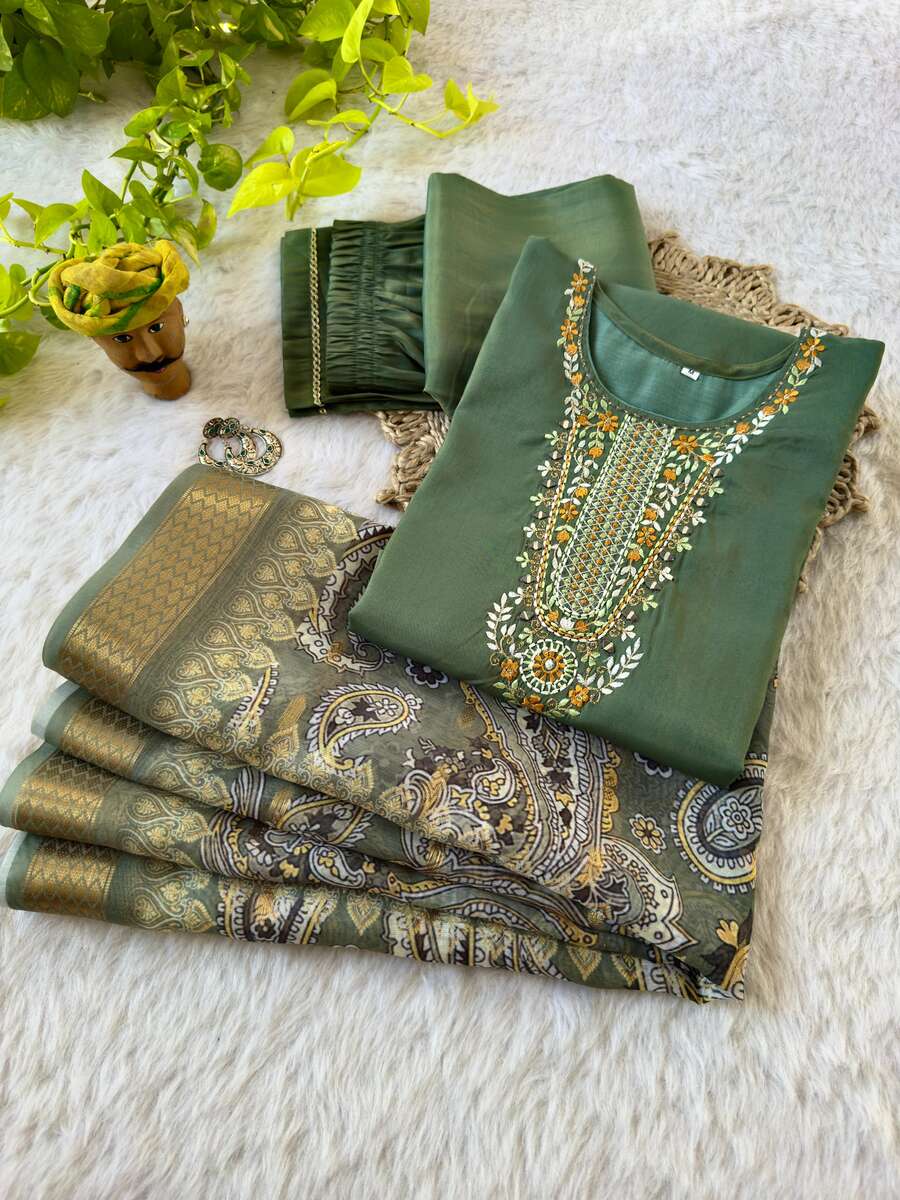 MODERN ROMAN SILK HANDWORK TOP BOTTOM WITH DUPATTA OFFICE WEAR WHOLESALE PRICE ETHNIC GARMENT (9)