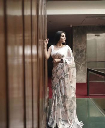 MODERN SATIN DIGITAL PRINT SAREE WITH UNSTITCHED BLOUSE CREAM