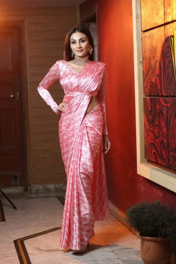 MODERN SATIN DIGITAL PRINT SAREE WITH UNSTITCHED BLOUSE PINK