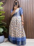 MODERN SILK DIGITAL PRINT AND JACQUARD ZARI WORK CONTRAST BORDER GOWN WITH JACKET BLUE