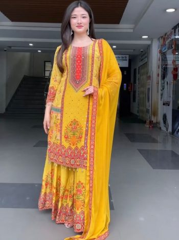 MODERN SILK DIGITAL PRINT WITH REAL MIRROR HAND WORK TOP PALAZZO WITH DUPATTA YELLOW