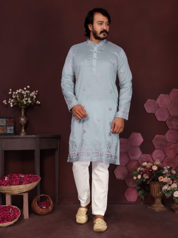 MODERN SILK EMBROIDERY SEQUENCE WORK MEN'S KURTA PAYJAMA BLUE