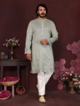 MODERN SILK EMBROIDERY SEQUENCE WORK MEN'S KURTA PAYJAMA PISTA