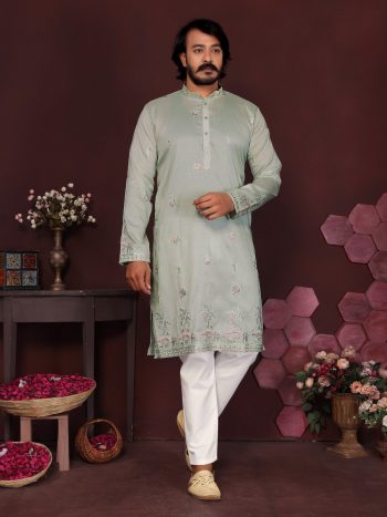 MODERN SILK EMBROIDERY SEQUENCE WORK MEN'S KURTA PAYJAMA PISTA