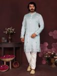 MODERN SILK EMBROIDERY SEQUENCE WORK MEN'S KURTA PAYJAMA SKY