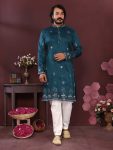 MODERN SILK EMBROIDERY SEQUENCE WORK MEN'S KURTA PAYJAMA TEAL