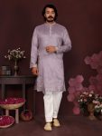 MODERN SILK EMBROIDERY SEQUENCE WORK MEN'S KURTA PAYJAMA LAVENDER