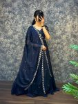 MODERN SILK EMBROIDERY WORK GOWN WITH DUPATTA NAVY BLUE