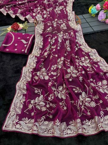 MODERN SOFT BLOOMING FENDY CHIFFON EMBRODERY SEQUANCE ZARI WORK SAREE WITH UNSTITCHED BLOUSE WINE