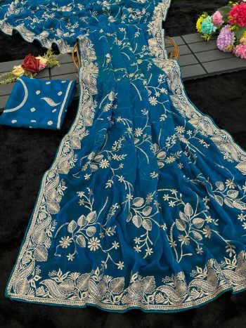 MODERN SOFT BLOOMING FENDY CHIFFON EMBRODERY SEQUANCE ZARI WORK SAREE WITH UNSTITCHED BLOUSE RAMA