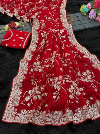 MODERN SOFT BLOOMING FENDY CHIFFON EMBRODERY SEQUANCE ZARI WORK SAREE WITH UNSTITCHED BLOUSE RED