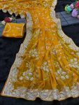 MODERN SOFT BLOOMING FENDY CHIFFON EMBRODERY SEQUANCE ZARI WORK SAREE WITH UNSTITCHED BLOUSE YELLOW