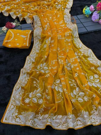 MODERN SOFT BLOOMING FENDY CHIFFON EMBRODERY SEQUANCE ZARI WORK SAREE WITH UNSTITCHED BLOUSE YELLOW