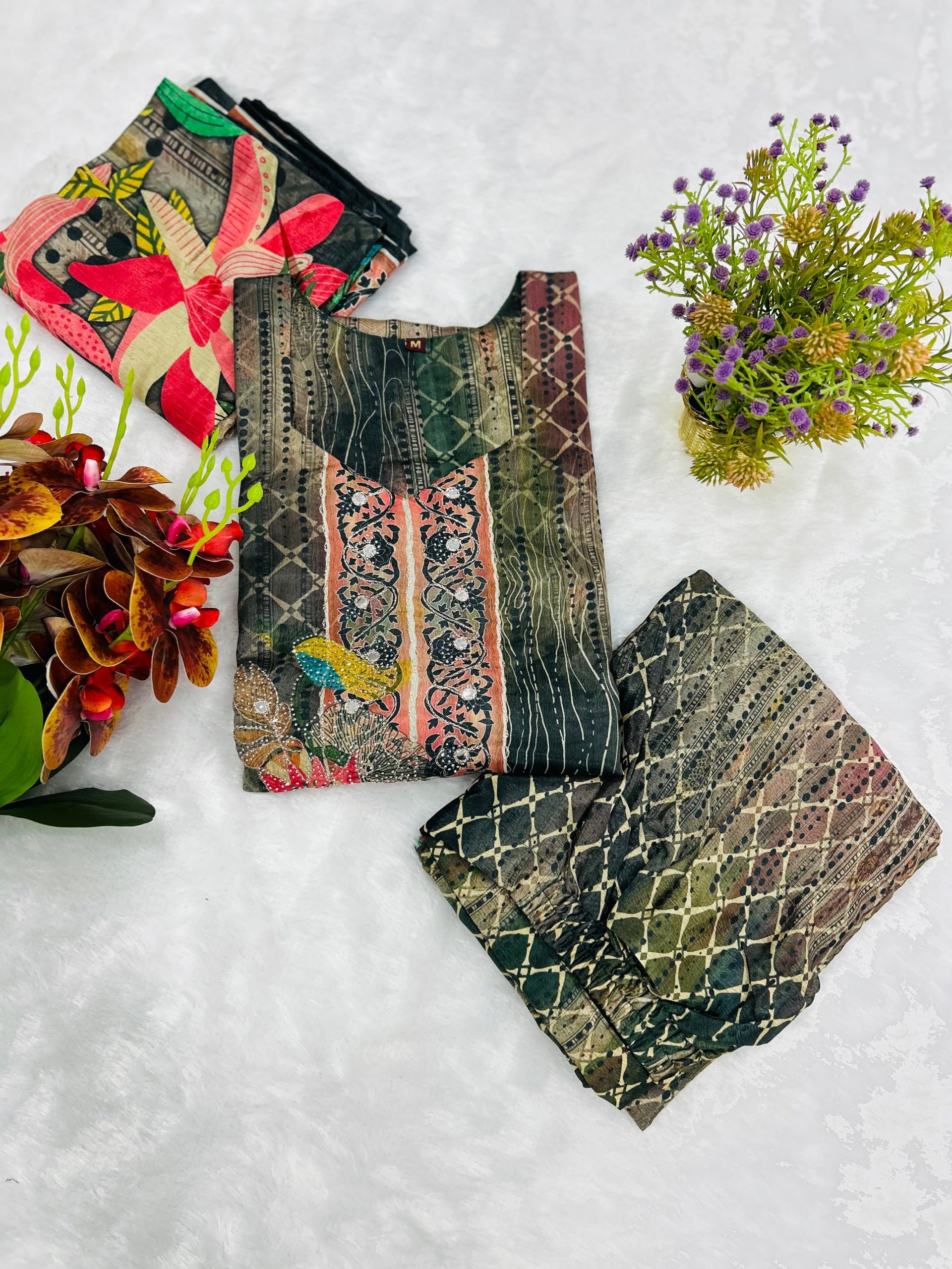 MODERN SOFT CHINON DIGITAL PRINT AND HANDWORK TOP BOTTOM WITH DUPATTA CASUAL WEAR WHOLESALE PRICE ETHNIC GARMENT (5)