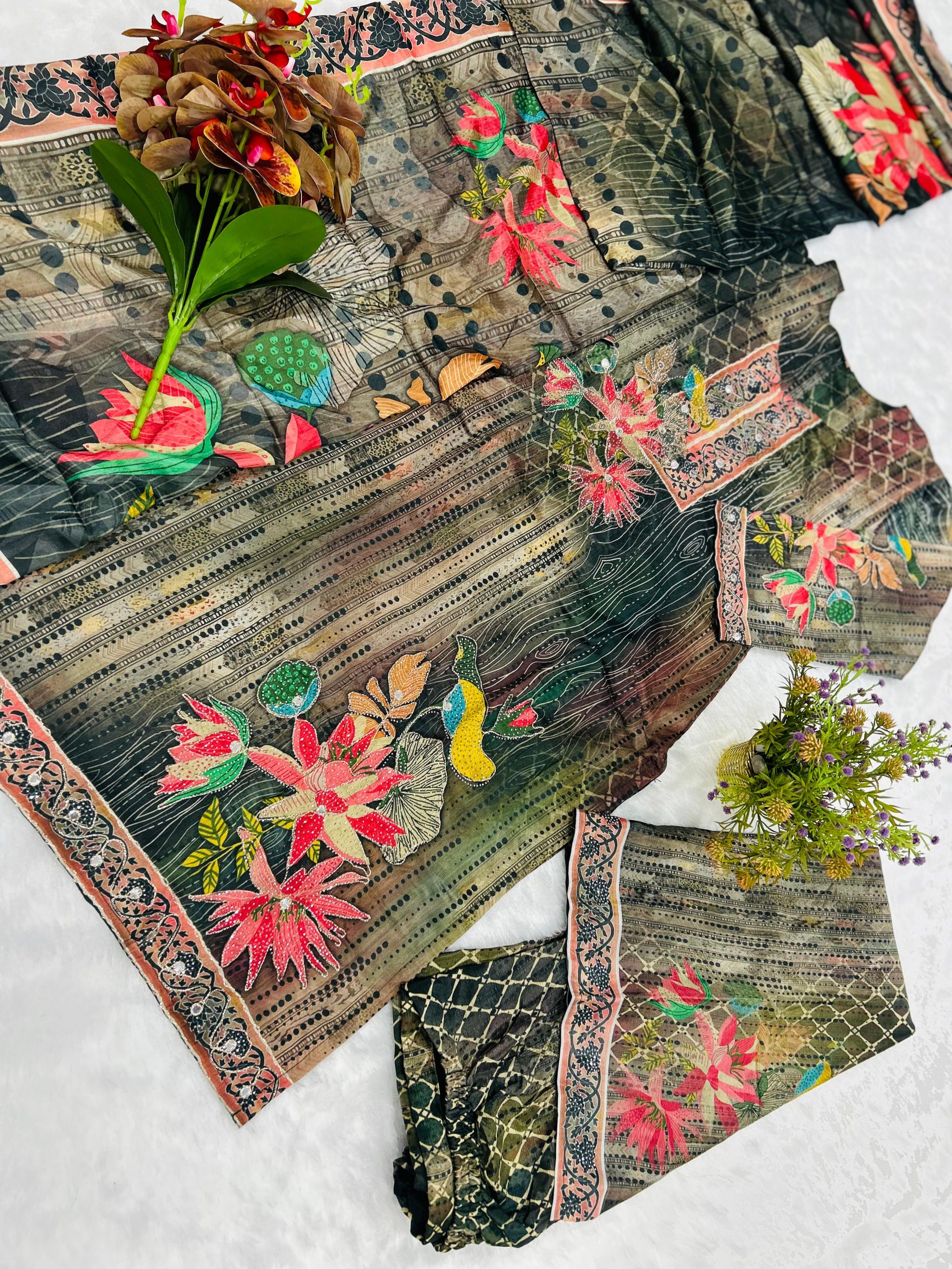 MODERN SOFT CHINON DIGITAL PRINT AND HANDWORK TOP BOTTOM WITH DUPATTA CASUAL WEAR WHOLESALE PRICE ETHNIC GARMENT (6)