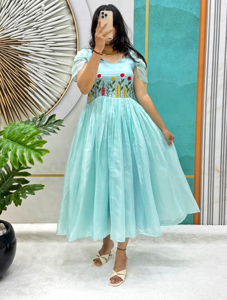 MODERN SOFT KOTA CHECKS THREAD WORK ONE PEICE DRESS CASUAL WEAR WHOLESALE PRICE ETHNIC GARMENT (15)