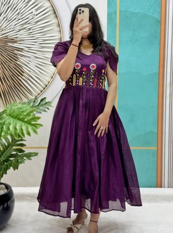 MODERN SOFT KOTA CHECKS THREAD WORK ONE PEICE DRESS PURPLE