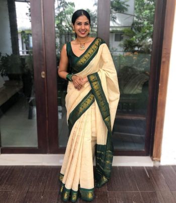 MODERN SOFT LICHI SILK JACQURAD WORK SAREE WITH UNSTITCHED BLOUSE OFF WHITE