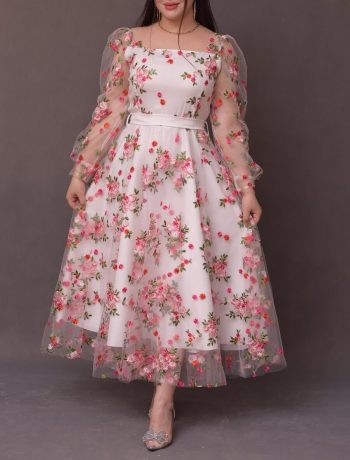 MODERN SOFT NET EMBROIDERY CHAIN STITCHED WORK ONE PIECE DRESS WHITE