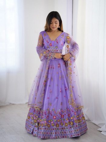 MODERN SOFT NET SEQUENCE WORK LEHANGA CHOLI WITH DUPATTA LAVENDER