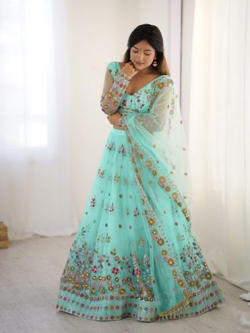 MODERN SOFT NET SEQUENCE WORK LEHANGA CHOLI WITH DUPATTA SKY