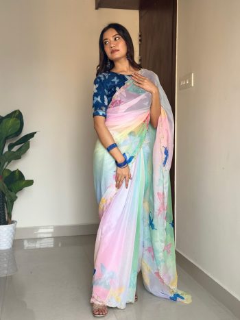 MODERN TABBY SILK HANDWORK AND CUTWORK WITH PEARL SAREE WITH UNSTITCHED BLOUSE GREEN
