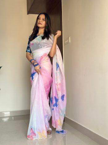 MODERN TABBY SILK HANDWORK AND CUTWORK WITH PEARL SAREE WITH UNSTITCHED BLOUSE PINK