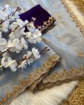 MODERN TWILL ORGANZA HANDWORK WITH MULTI WORK SAREE WITH UNSTITCHED BLOUSE GREY