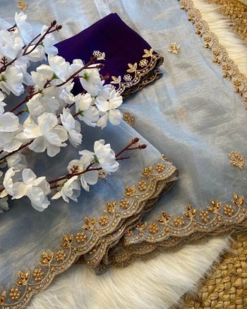 MODERN TWILL ORGANZA HANDWORK WITH MULTI WORK SAREE WITH UNSTITCHED BLOUSE GREY
