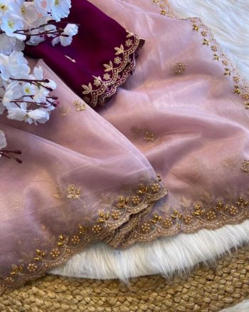 MODERN TWILL ORGANZA HANDWORK WITH MULTI WORK SAREE WITH UNSTITCHED BLOUSE CREAM