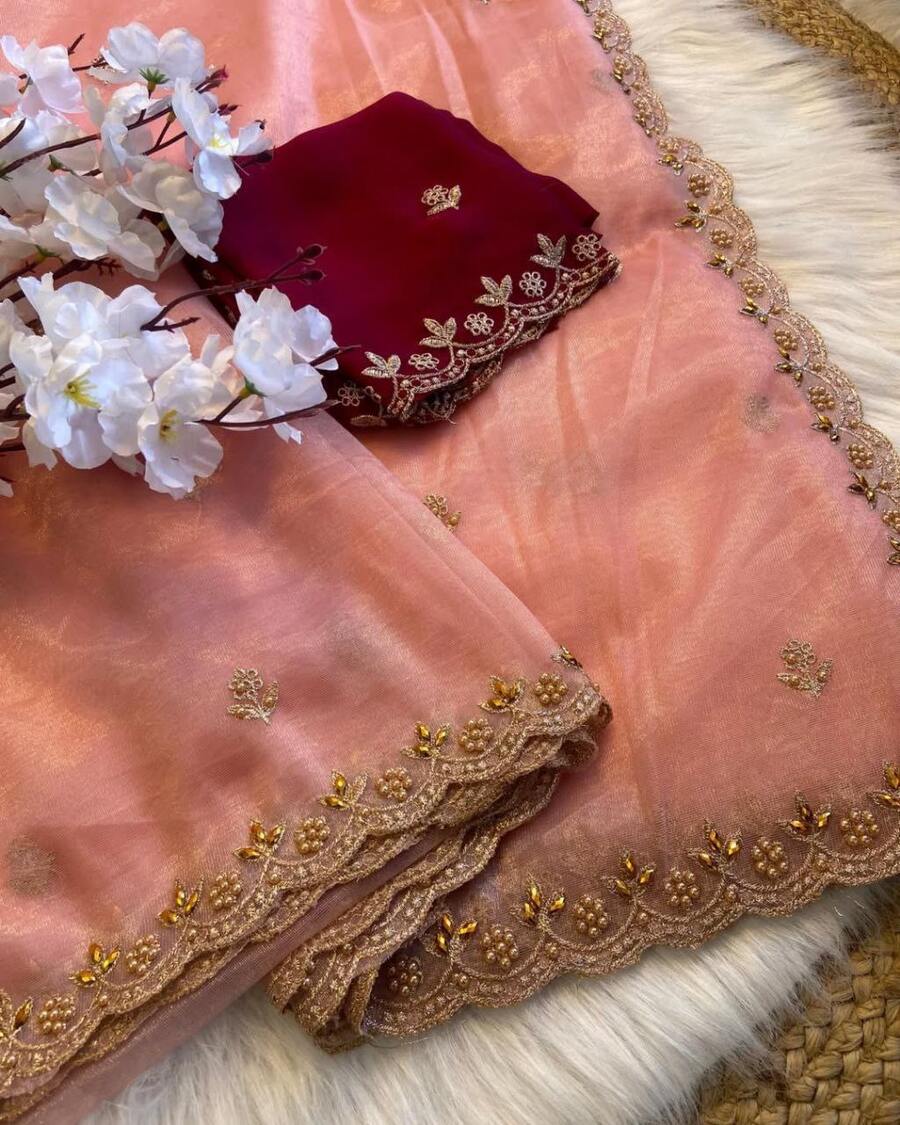 MODERN TWILL ORGANZA HANDWORK WITH MULTI WORK SAREE WITH UNSTITCHED BLOUSE WEDDING WEAR WHOLESALE PRICE ETHNIC GARMENT (9)