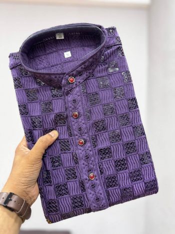 MODERN VISCOSE RAYON SCHIFLI WORK MEN'S KURTA PAYJAMA PURPLE