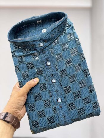 MODERN VISCOSE RAYON SCHIFLI WORK MEN'S KURTA PAYJAMA RAMA