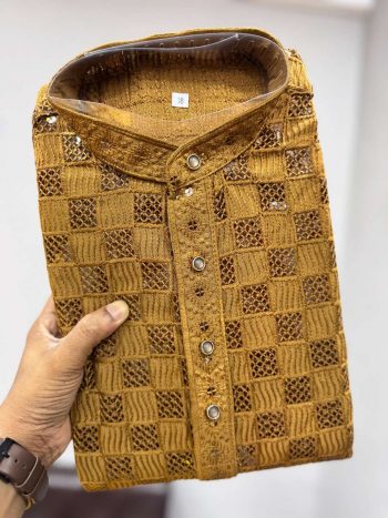 MODERN VISCOSE RAYON SCHIFLI WORK MEN'S KURTA PAYJAMA YELLOW