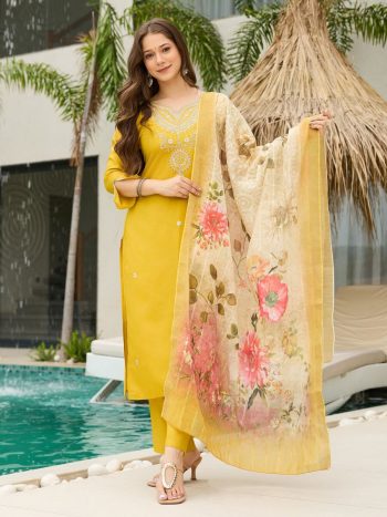 MODERN VISCOSE RAYON SEQUENCE EMBROIDERY WORK TOP BOTTOM WITH DUPATTA YELLOW