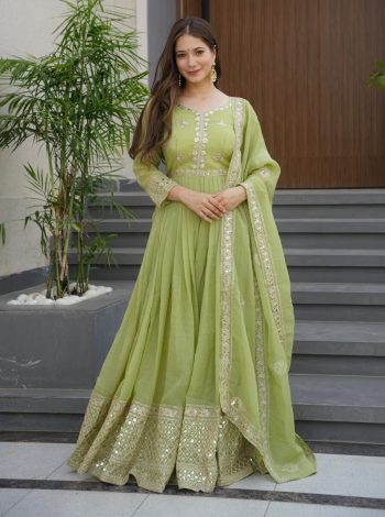 MOST PICKED CRUNCHY SILK EMBROIDERY CODING & SEQUENCE WORK GOWN WITH DUPATTA PISTA