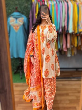 MOST PICKED MUSLIN COTTON DIGITAL PRINTED TOP PATIYALA WITH DUPATTA ORANGE