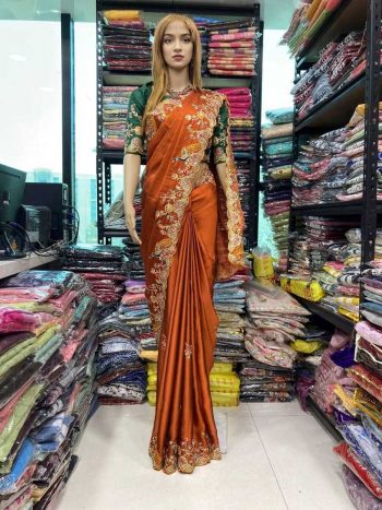 MOST PICKED RANGOLI  SILK  EMBROIDERY WORK SAREE WITH UNSTITCHED BLOUSE ORANGE